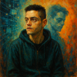 Oil painting of Elliot Alderson from Mr. Robot symbolizing dissociation and digital isolation.