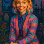 Oil painting of Emma Myers portraying Enid Sinclair from Netflix’s Wednesday, capturing her cheerful and optimistic personality.