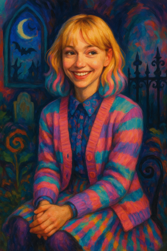 Oil painting of Emma Myers portraying Enid Sinclair from Netflix’s Wednesday, capturing her cheerful and optimistic personality.