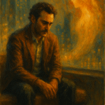 Traditional oil painting of a man and a glowing AI figure inspired by the movie Her, illustrating emotional intimacy in the age of artificial intelligence