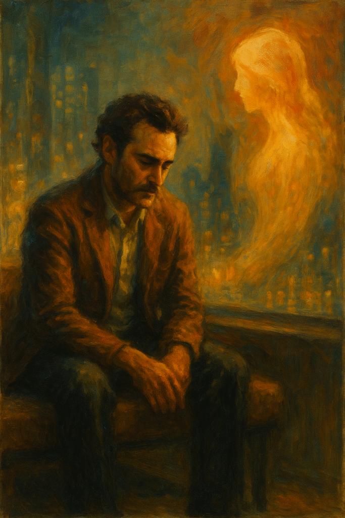 Traditional oil painting of a man and a glowing AI figure inspired by the movie Her, illustrating emotional intimacy in the age of artificial intelligence