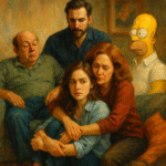 Artistic oil painting of emotionally entangled family members inspired by characters from Gilmore Girls, This Is Us, and The Simpsons