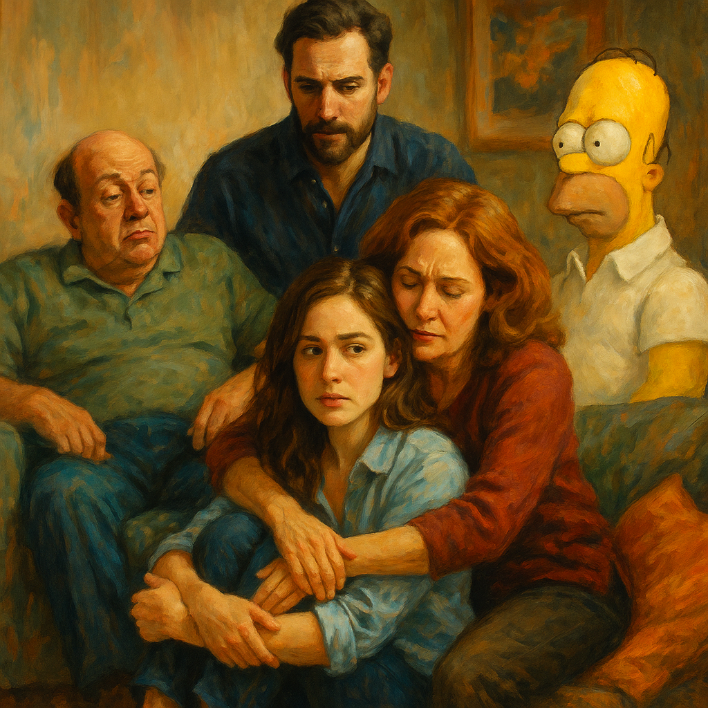 Artistic oil painting of emotionally entangled family members inspired by characters from Gilmore Girls, This Is Us, and The Simpsons