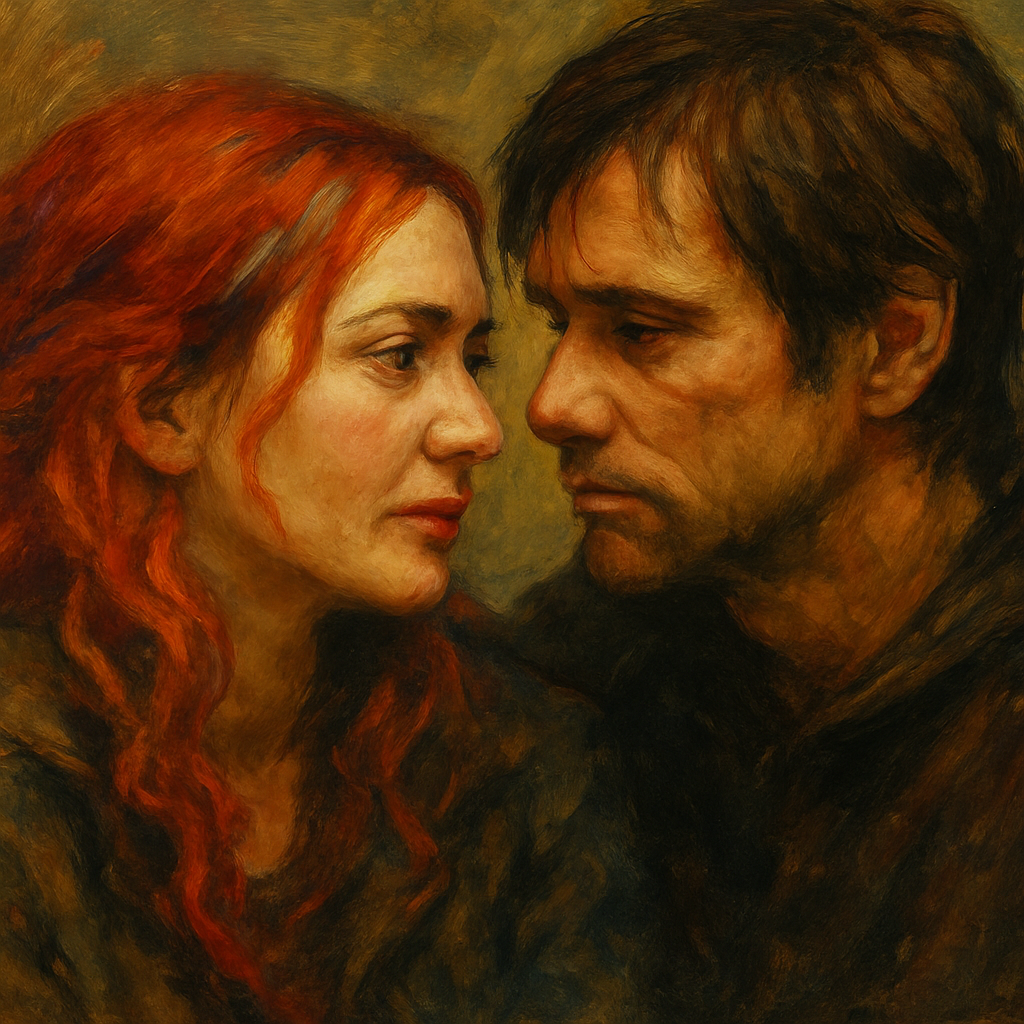 Oil painting of Joel and Clementine from Eternal Sunshine of the Spotless Mind, symbolizing memory, love, and emotional conflict.