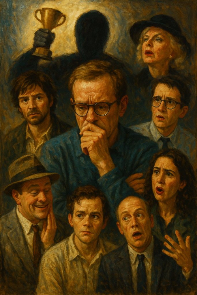 Oil painting of famous fictional characters facing fear of success and self-sabotage, including Walter White, Frodo, Carrie Bradshaw, Don Draper, Michael Scott, and Moira Rose.
