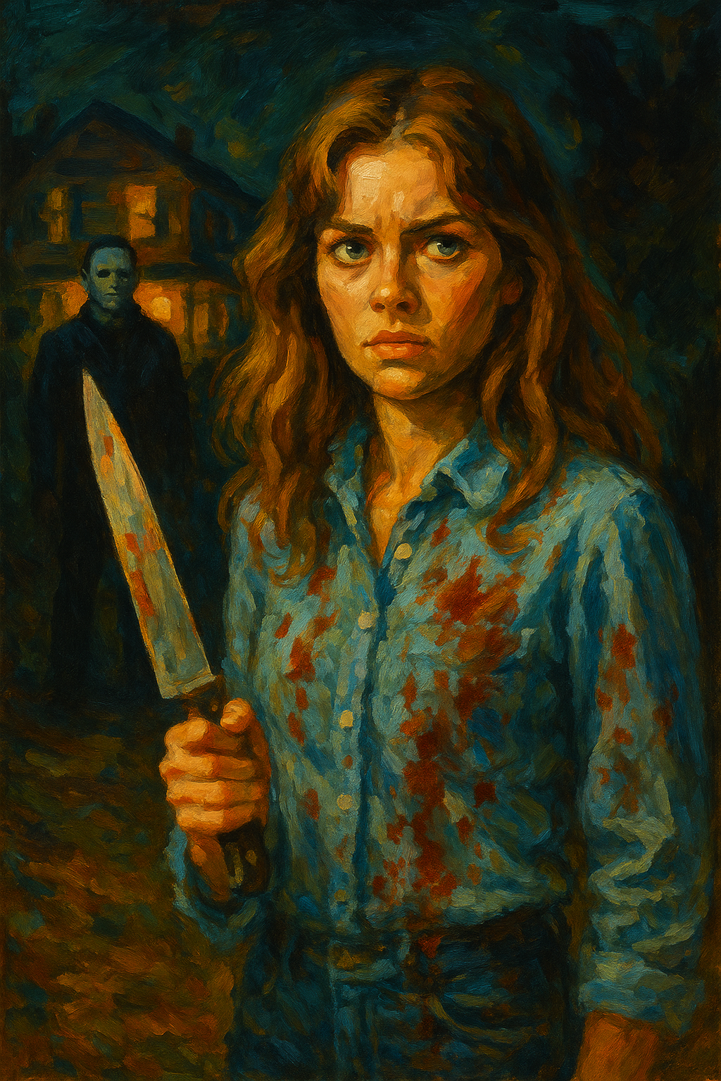 An artistic oil-style painting depicting the Final Girl archetype in horror media, symbolizing survival, resilience, and empowerment in slasher films.