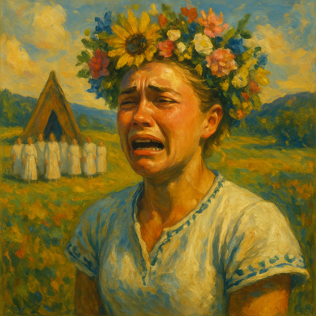 Oil painting of a young woman in a flower crown surrounded by surreal cult imagery, symbolizing grief and belonging in Midsommar.