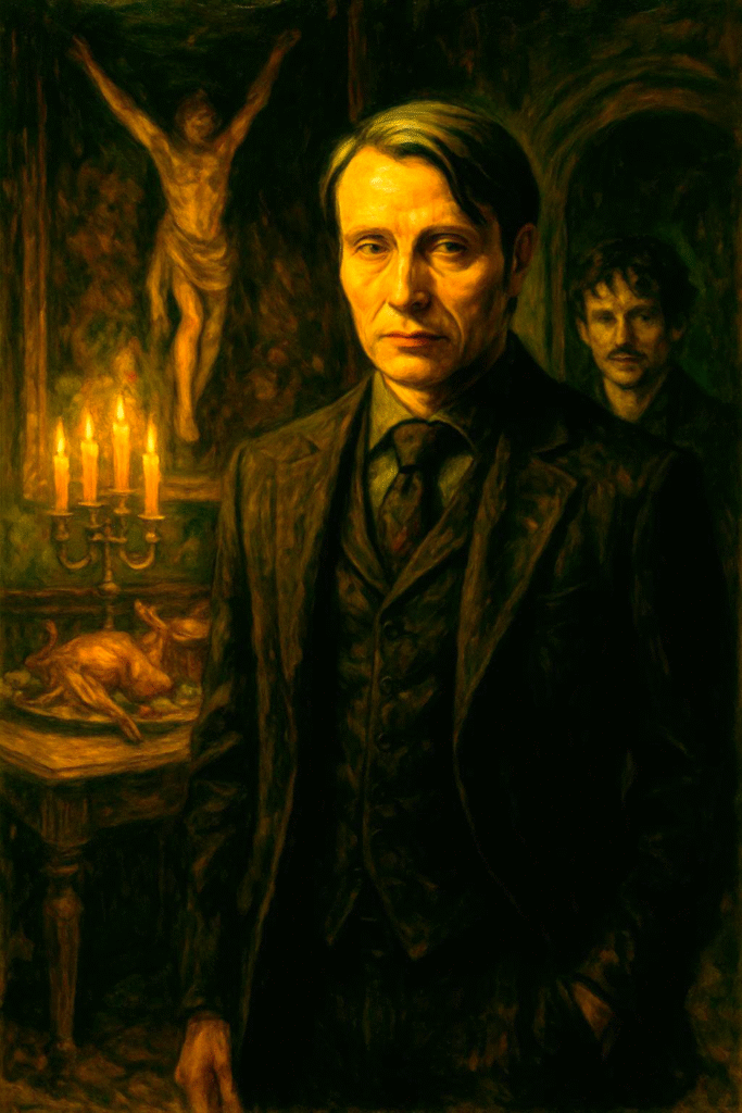 Oil painting representing the psychological themes of Hannibal, with Baroque-style shadows and symbolic predator imagery