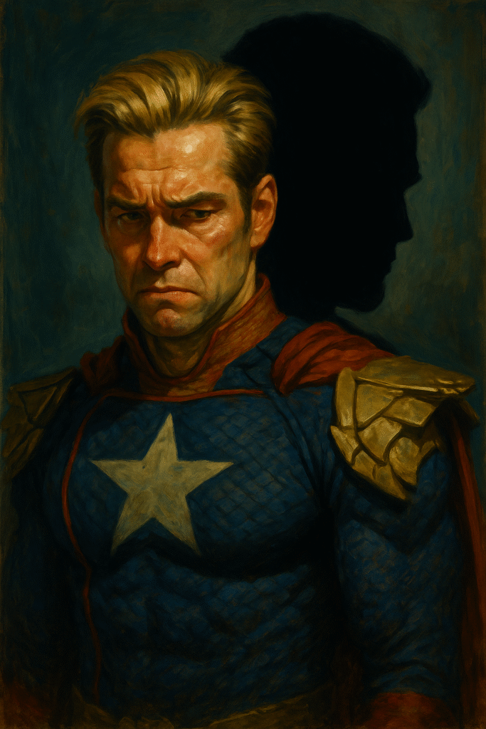 Oil painting-style portrait of Homelander from The Boys, reflecting narcissism, fragile ego, and manipulative power dynamics.