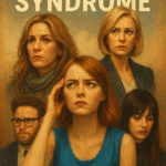 Semi-realistic illustration of characters from film and TV struggling with impostor syndrome, including Elizabeth Gilbert, Andy Sachs, Mia Dolan, and Fred Flarsky.