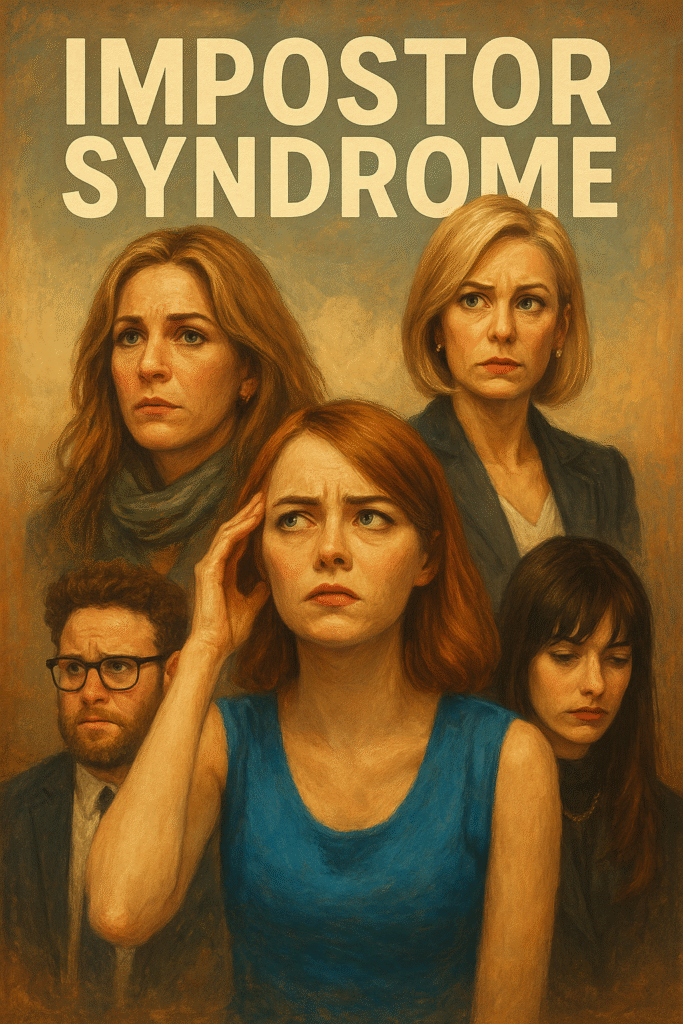 Semi-realistic illustration of characters from film and TV struggling with impostor syndrome, including Elizabeth Gilbert, Andy Sachs, Mia Dolan, and Fred Flarsky.