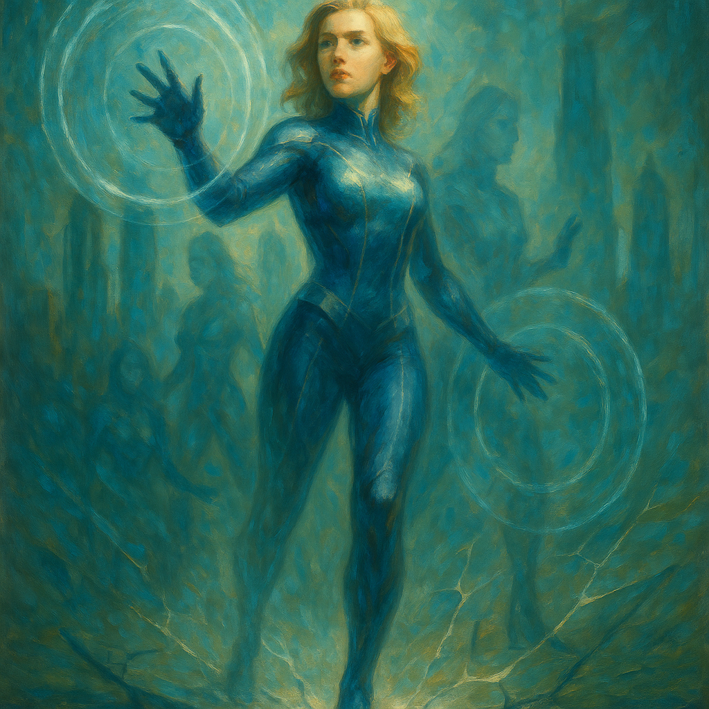 Oil painting of Sue Storm, the Invisible Woman from Marvel’s Fantastic Four, depicted in a blend of realism and impressionism, wearing her superhero suit and radiating themes of empowerment, identity, and self-assertion.