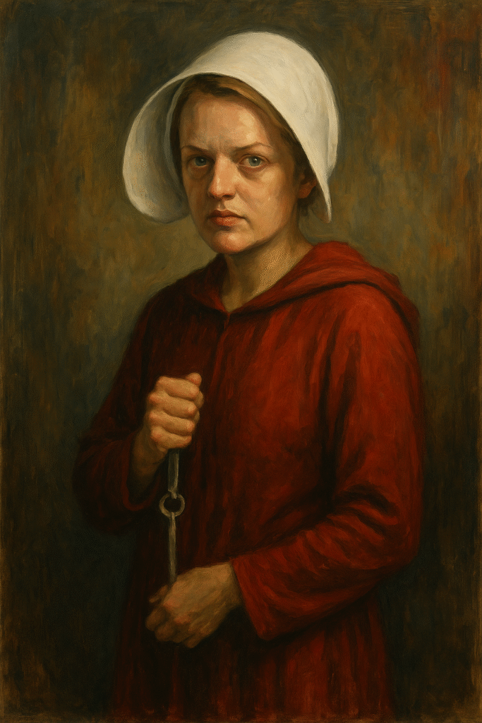 Oil painting of June Osborne from The Handmaid's Tale, symbolizing resistance, survival, and hope against oppression.