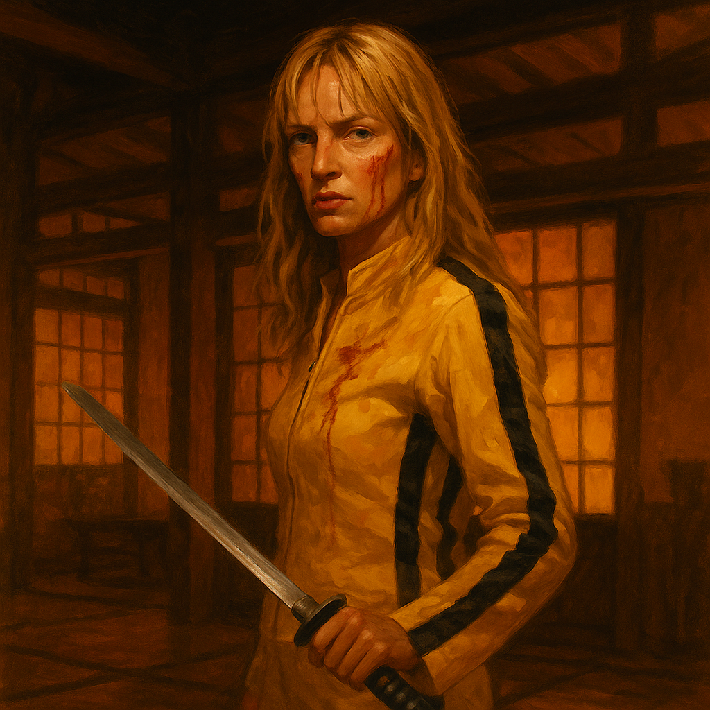 Digital painting of The Bride from Kill Bill in her yellow tracksuit, holding a katana, symbolizing revenge and identity transformation.