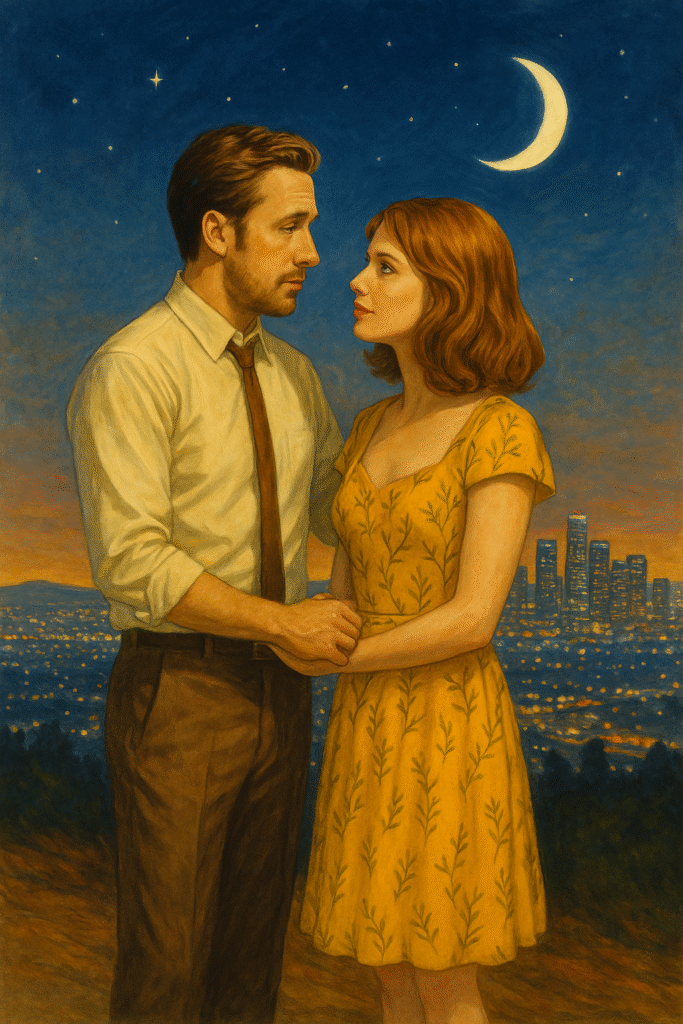 Illustration of Mia and Sebastian from La La Land, sitting together in a romantic Los Angeles setting, symbolizing the tension between love and ambition.