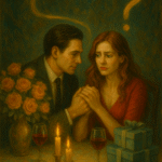 Artistic painting portraying the duality of love bombing in movies and TV shows, blending romance and control.