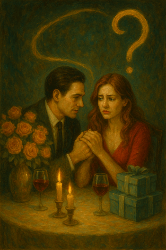 Artistic painting portraying the duality of love bombing in movies and TV shows, blending romance and control.