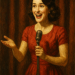 Oil painting of Midge Maisel performing stand-up comedy in a vintage 1950s club, representing feminism and empowerment through humor.