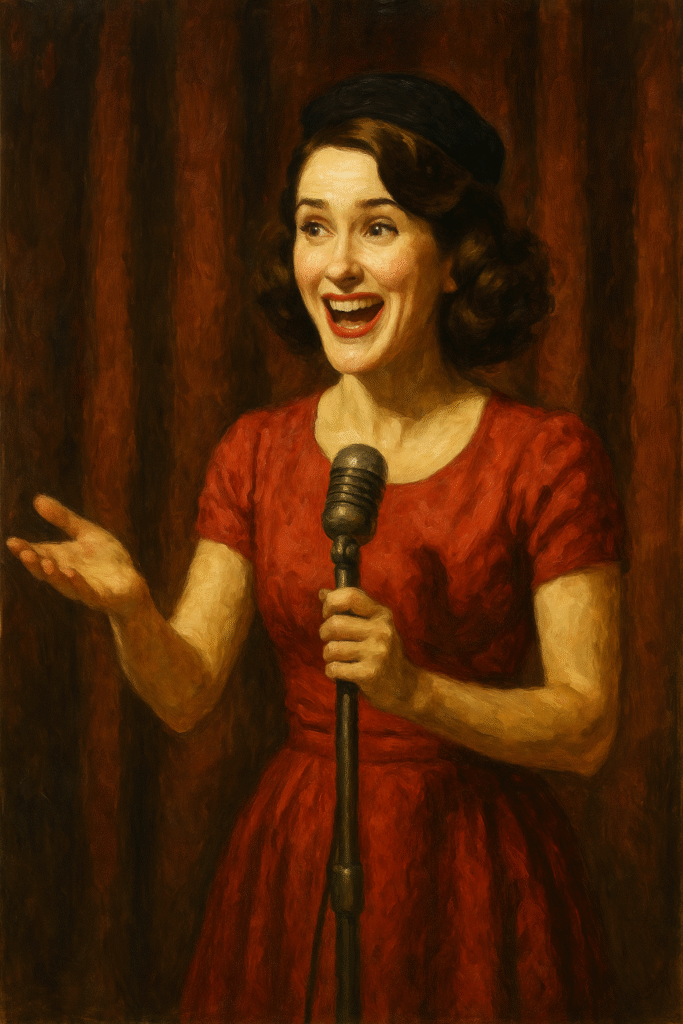 Oil painting of Midge Maisel performing stand-up comedy in a vintage 1950s club, representing feminism and empowerment through humor.