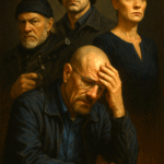 Digital painting of Walter White, Captain Ahab, Anton Chigurh, and Claire Underwood in a cinematic composition representing moral injury in fiction.