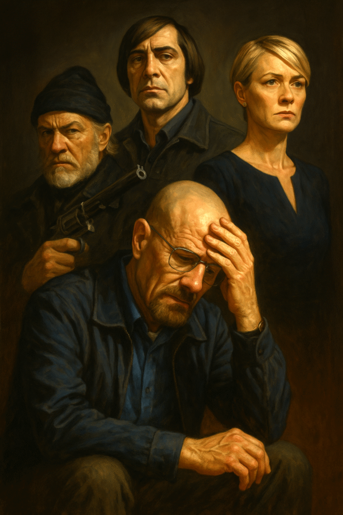 Digital painting of Walter White, Captain Ahab, Anton Chigurh, and Claire Underwood in a cinematic composition representing moral injury in fiction.