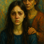 Oil painting of a young woman in a blue dress with a sad expression, standing in front of her stern mother, symbolizing the emotional impact of the mother wound.