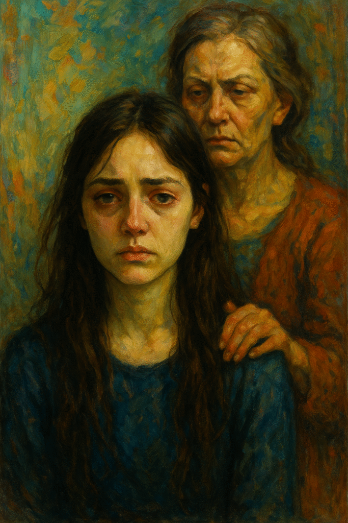 Oil painting of a young woman in a blue dress with a sad expression, standing in front of her stern mother, symbolizing the emotional impact of the mother wound.