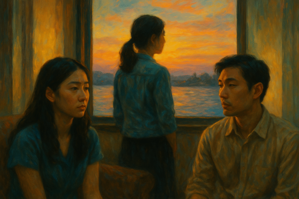 Three East Asian individuals reflect quietly as they sit near a sunset-lit window, evoking themes of nostalgia, regret, and emotional distance