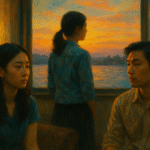 Three East Asian individuals reflect quietly as they sit near a sunset-lit window, evoking themes of nostalgia, regret, and emotional distance