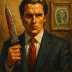 Oil painting of Patrick Bateman from American Psycho, wearing a suit and holding a bloodied knife, symbolizing capitalism, narcissism, and the hollow self.