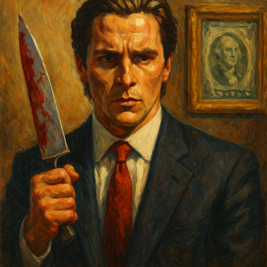 Oil painting of Patrick Bateman from American Psycho, wearing a suit and holding a bloodied knife, symbolizing capitalism, narcissism, and the hollow self.