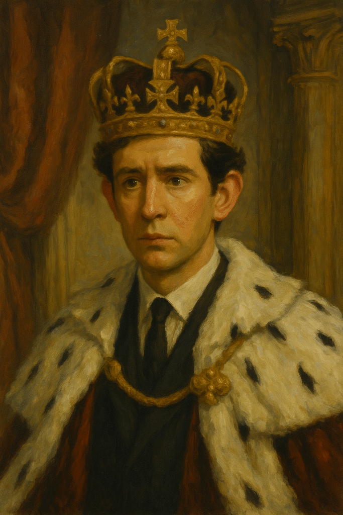 Oil painting style portrait of Prince Charles as portrayed in The Crown, symbolizing his struggle between royal duty and personal identity.
