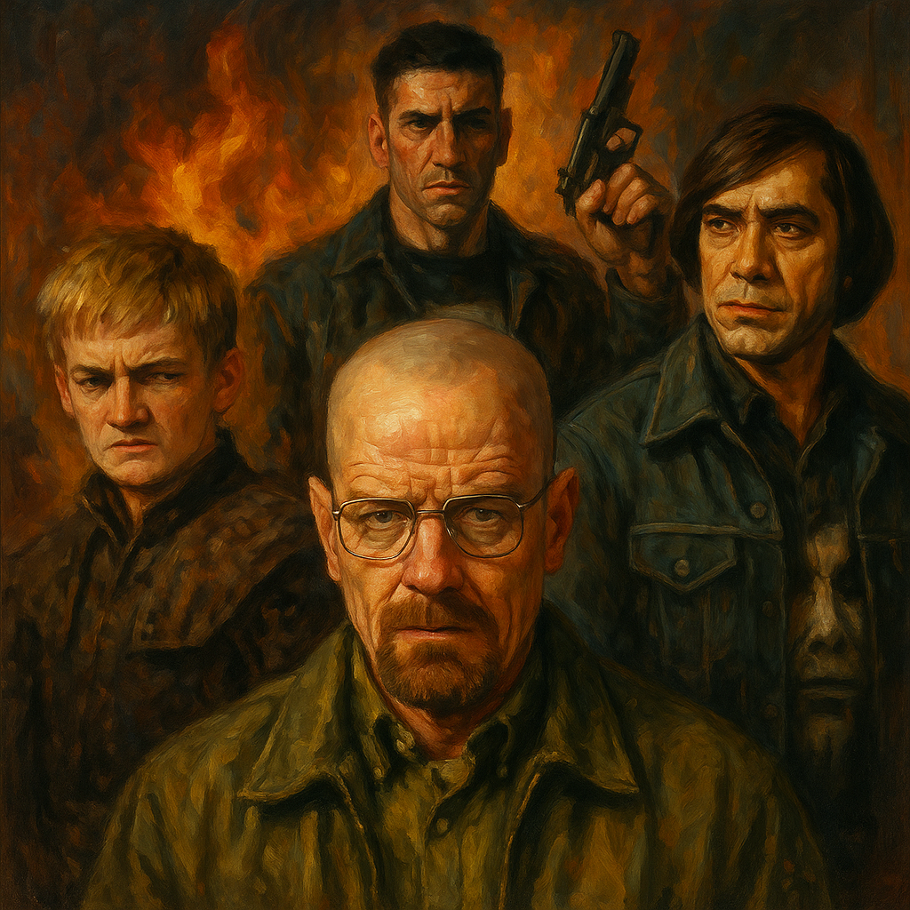 Oil painting of iconic antiheroes—Walter White, Anton Chigurh, Joffrey Baratheon, and Frank Castle—symbolizing revenge, morality, and psychological conflict.