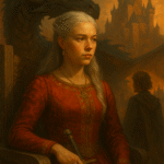 Digital painting of Rhaenyra Targaryen seated with a sword, a dragon looming behind her, symbolizing her struggle between duty and desire.