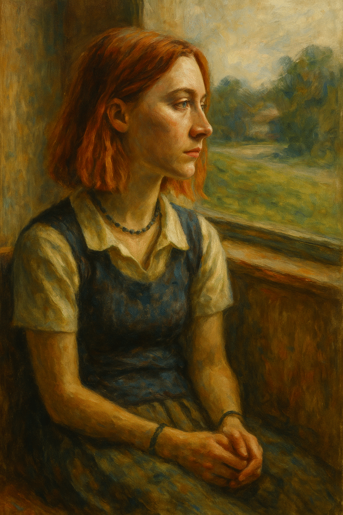 Oil painting of Saoirse Ronan portraying Lady Bird, capturing adolescent rebellion and emotional depth