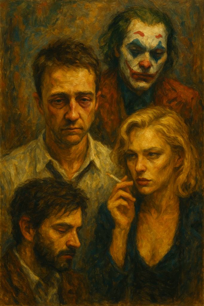 Oil painting of famous self-destructive characters from film, representing the psychological death drive and themes of Thanatos.