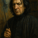 Oil painting of Severus Snape with dark robes, hooked nose, and stern expression, symbolizing love, bitterness, and redemption in Harry Potter.