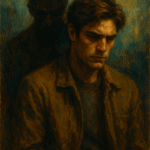 Oil painting of a man facing his shadow reflection in a surreal landscape, symbolizing Carl Jung’s shadow self concept in film.