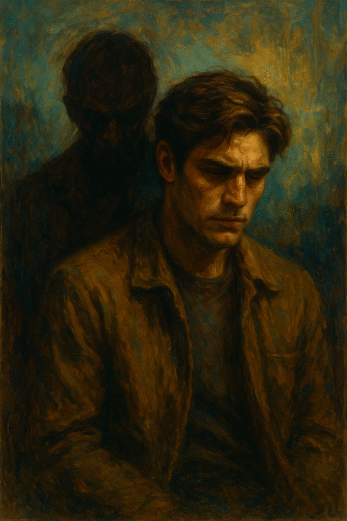Oil painting of a man facing his shadow reflection in a surreal landscape, symbolizing Carl Jung’s shadow self concept in film.