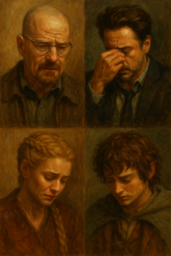 Oil painting of iconic characters Walter White, Tony Stark, Cersei Lannister, and Frodo Baggins, symbolizing shame’s role in character design and storytelling.
