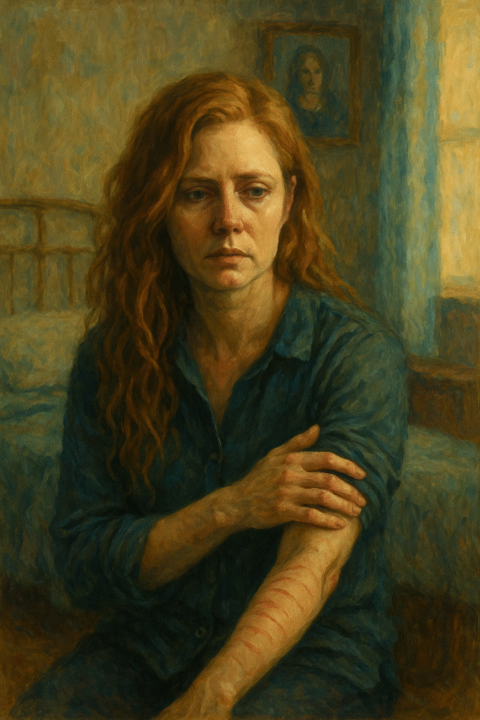 Oil painting of a sorrowful woman with long reddish hair sitting on a bed, looking at self-harm scars on her arm, symbolizing memory and trauma
