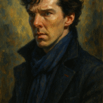 Oil painting of Sherlock Holmes in BBC series style, showing his genius, isolation, and emotional struggles with John Watson nearby.