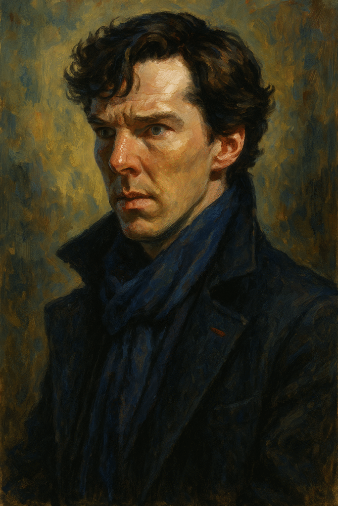 Oil painting of Sherlock Holmes in BBC series style, showing his genius, isolation, and emotional struggles with John Watson nearby.