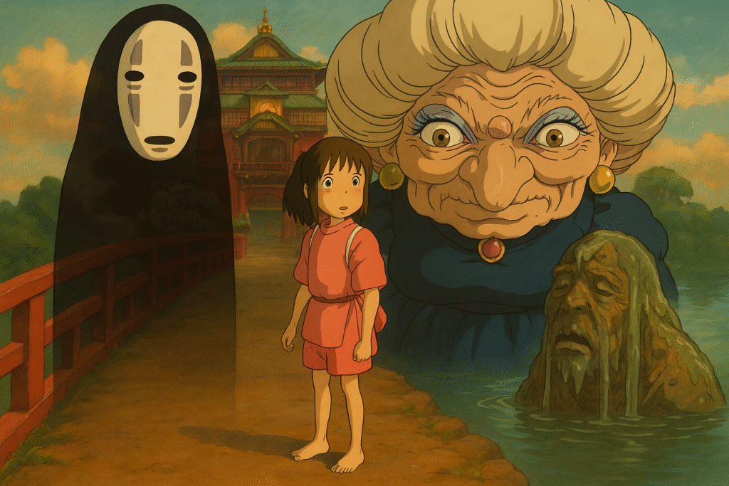Chihiro from Spirited Away facing mystical spirits, representing childhood fear, innocence, and growth.