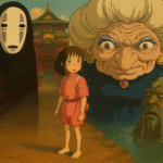 Chihiro from Spirited Away facing mystical spirits, representing childhood fear, innocence, and growth.