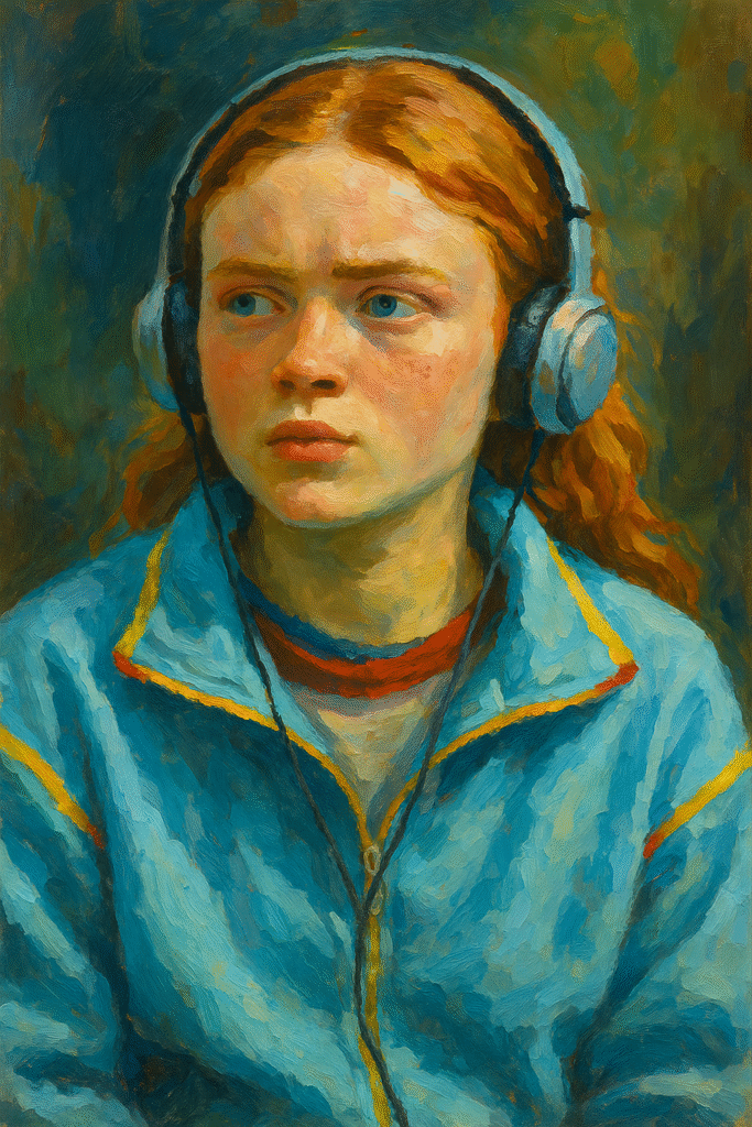 Oil painting of Max Mayfield from Stranger Things, portraying her emotional resilience and struggle with trauma in Hawkins.
