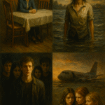 Oil painting-style illustration showing characters from The Leftovers, The Impossible, 13 Reasons Why, and The Wilds, symbolizing survivor’s guilt, trauma, and resilience.