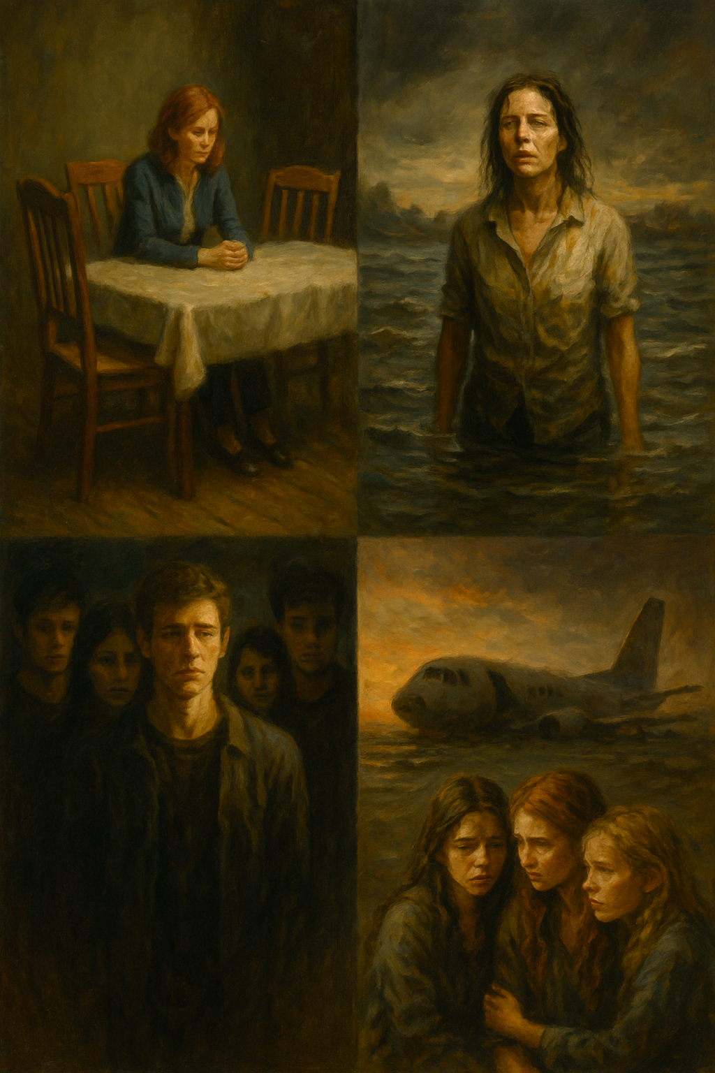 Oil painting-style illustration showing characters from The Leftovers, The Impossible, 13 Reasons Why, and The Wilds, symbolizing survivor’s guilt, trauma, and resilience.