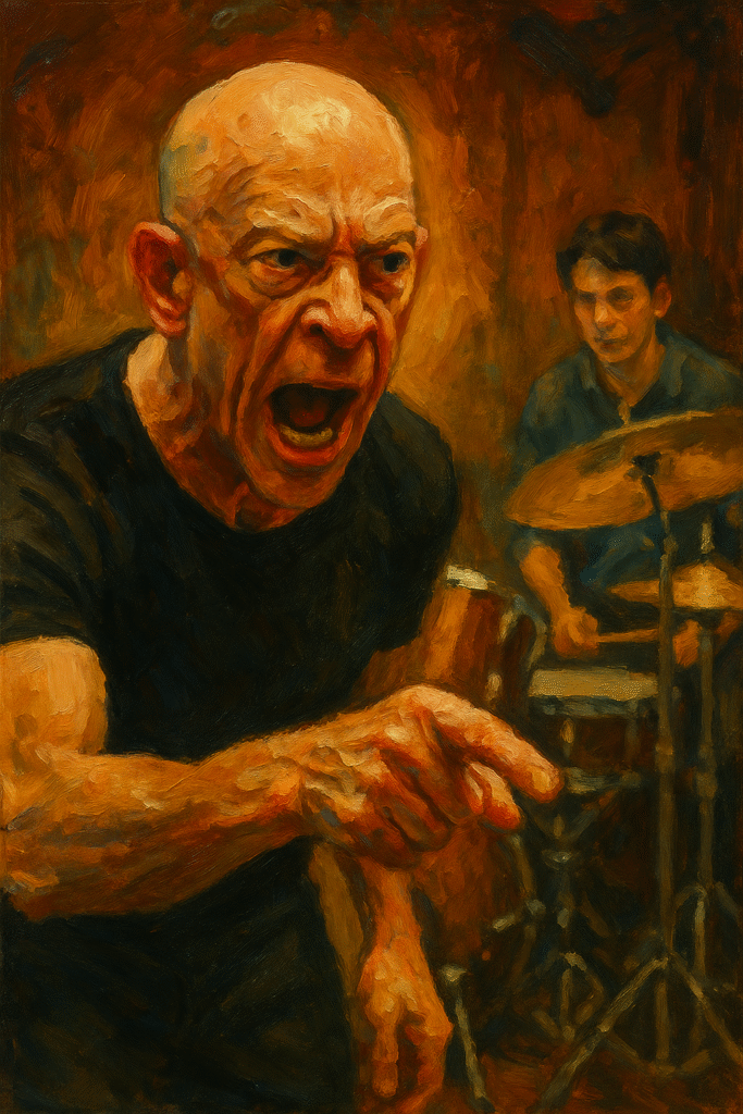 Oil painting of Terence Fletcher from Whiplash, portraying the intense and abusive mentor pushing a young drummer to greatness through fear and psychological pressure.