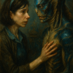 An oil painting-style illustration of Elisa Esposito and the Amphibian Man from The Shape of Water, symbolizing themes of love, loneliness, and Otherness.